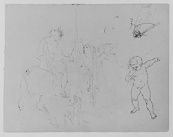 Horseman Addressing Two Women; Palette, Brushes in Artist's Hands, Picture and Easel Beyond; Putto Blowing Clarion (from Sketchbook)