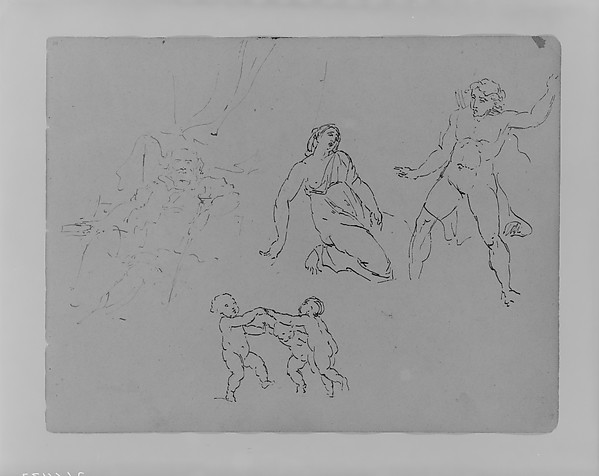 Seated, Bearded Man [Falstaff?]; Lucretia [? and ?]; Three Dancing Putti (from Sketchbook)