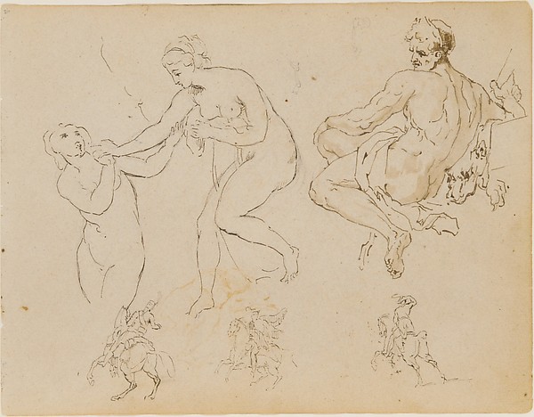 Two Female Nudes; Seated Male Nude (after Michelangelo?); Three Equestrian Figures (from Sketchbook)