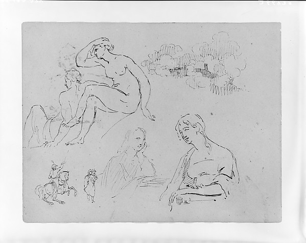 Study of Clouds; Two Female Nudes (after Michelangelo?); Two Half-length Female Portraits; Equestrian Figure with Two Men (from Sketchbook)