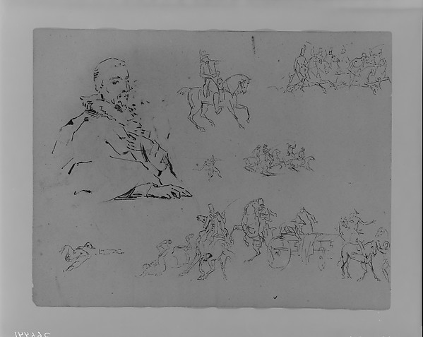 Seated Male (after Van Dyke); Soldier on Horseback; Soldiers on Horseback; Dying Figure; Soldiers on Horseback; Dead Figure; Military Scene (from Sketchbook)