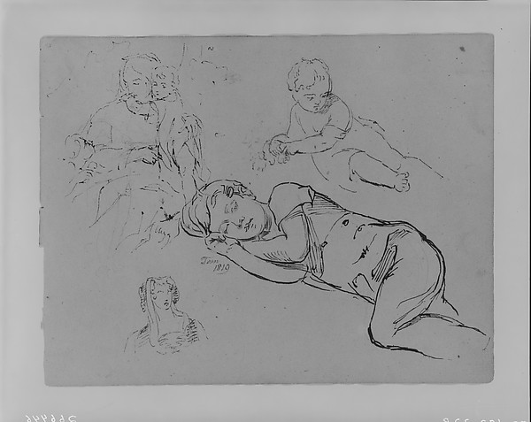Portrait of Tom Sleeping, Woman Holding Two Children, Leaning Baby, Woman's Head (from Sketchbook)
