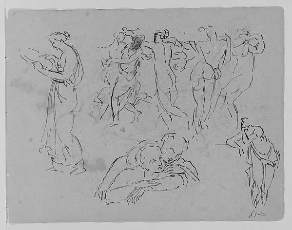 Sketches of Two Women, a Man Fighting a Beast, Two Furniture Fragments (from Sketchbook)