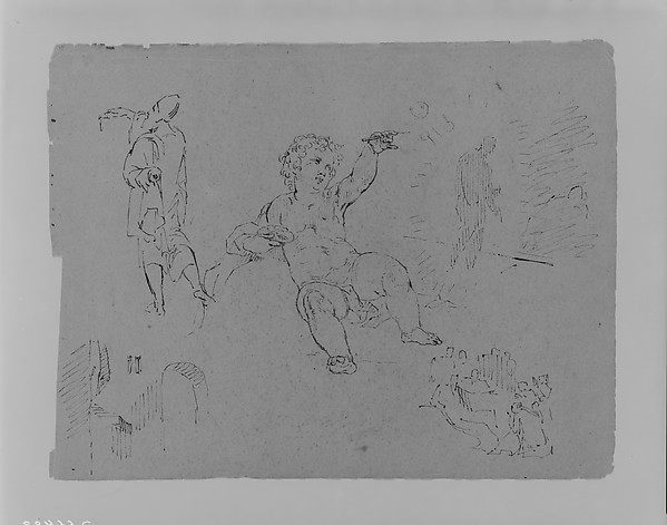 Draped Man from Rear (after Tintorietto?); Putto Making Bubbles (?); Shaded Figure in Radiance; Archway and Altar (?); Figure Composition (from Sketchbook)