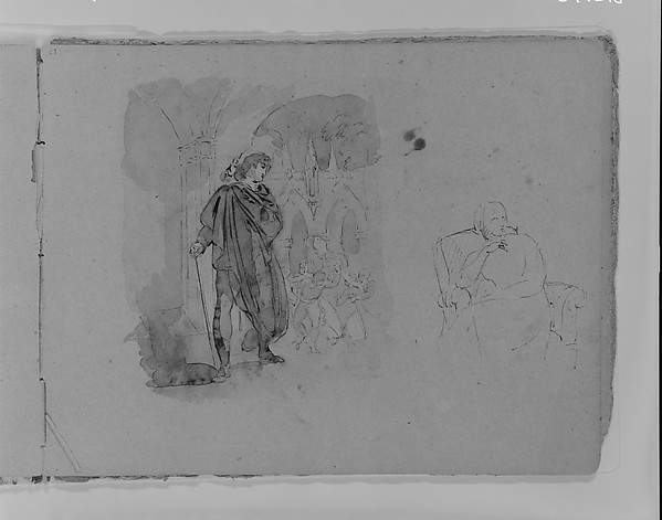 Man in Cape with Staff Watching Melee; Seated Woman (from Sketchbook)