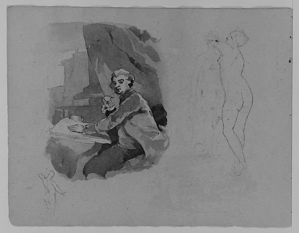 Portrait of Seated Man with Pen and Paper; Standing Female Nude, Rear View (from Sketchbook)