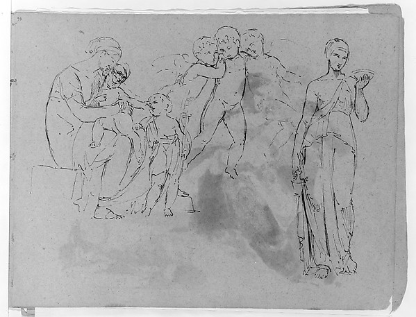 Madonna With Christ and John Baptist [?]; Three Cherubs; Standing Classical Female Figure, Holding Bowl (from Sketchbook)