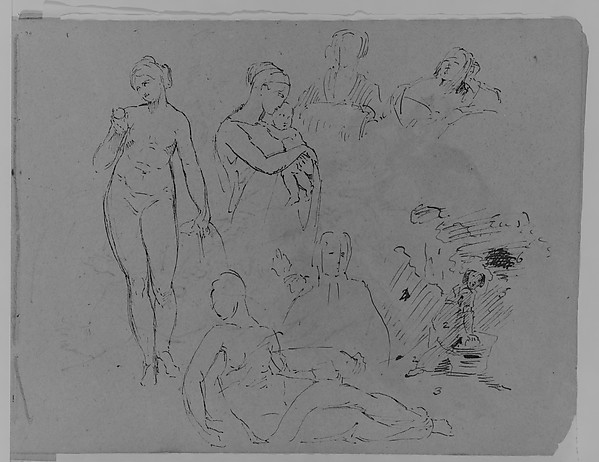 Seven Figure Sketches: Standing Female Nude with Fruit; Madonna and Child (?); Two Female Busts; Recumbent Semi-nude Figure, etc. (from Sketchbook)