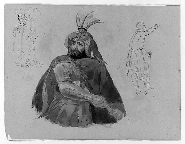 Half-length Bearded Man in Armor and Cape, Drawing Sword (Macbeth?); Three Standing Angels (or Witches?); Male Figure in Skins (from Sketchbook)