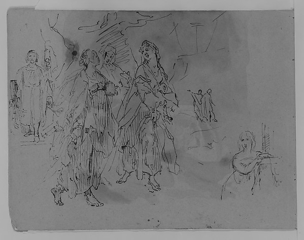 Seven Figures: Advancing Monarch, Three Promenading Women, Half-length Woman Leaning on a Mantelpiece (from Sketchbook)