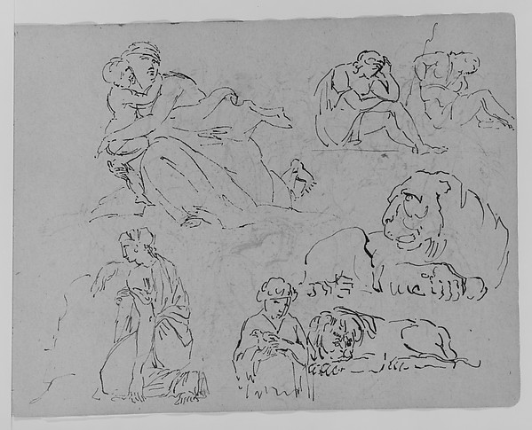Five Figure Studies; Two Studies of Lions (from Sketchbook)