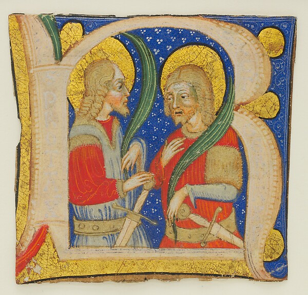 Manuscript Leaf Cutting showing an Illuminated Initial R with St. Protasius and St. Gervasius