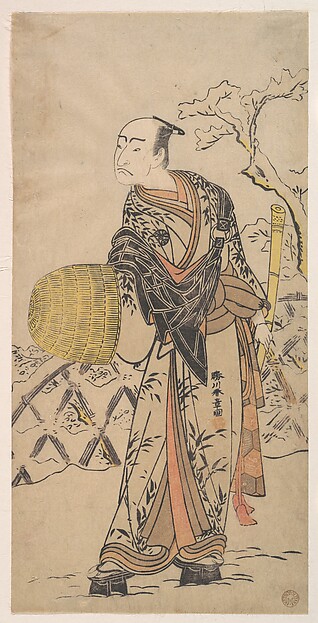 The First Nakamura Nakazo as a Komuso Standing in the Snow by a Fence
