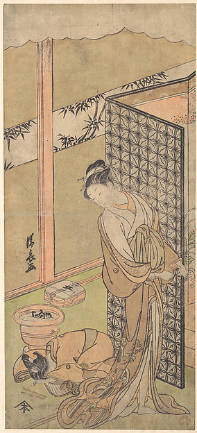 An Oiran in Night Attire, pausing, with one Hand on the Screen that Surrounds Her Bed