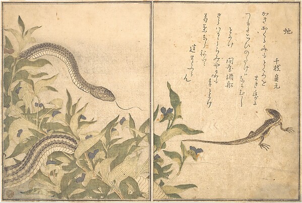 Rat Snake (Hebi); Lizard or Skink (Tokage), from the Picture Book of Crawling Creatures (Ehon mushi erami)