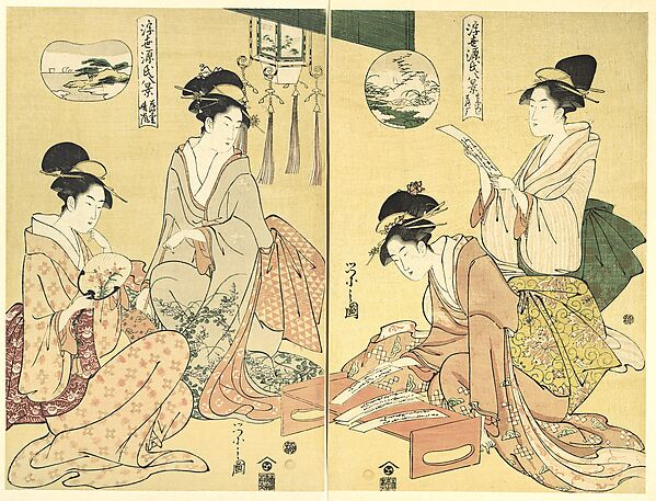 Spirit Summoner; Wild Geese Returning Home (Maboroshi; Rakugan) (right) and A Thin Veil of Clouds; Clearing Weather (Usugumo; Seiran) (left), from the series Eight Views of The Tale of Genji in the Floating World (Ukiyo Genji hakkei)