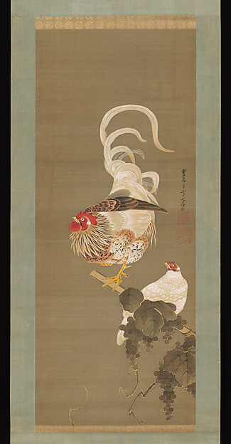Hen and Rooster with Grapevine
