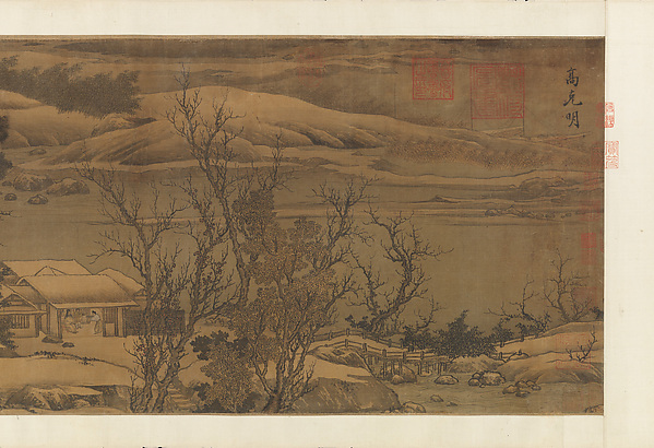 Snowy landscape with rustic riverside retreat