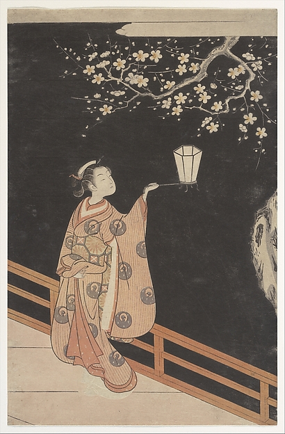 Woman Admiring Plum Blossoms at Night