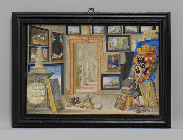 An Artist Painting a Heraldic Shield in a Cabinet of Curiosities