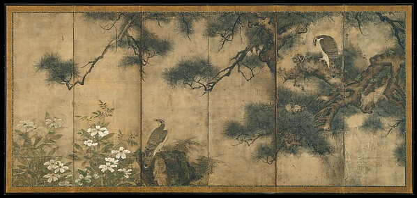 Hawks with Pine Trees and Camellias; Small Birds with Willows and Camellias