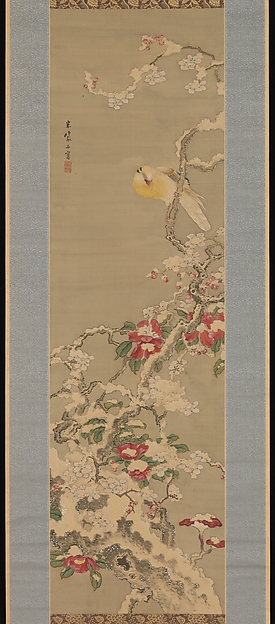 Bird among Camellias in Snow