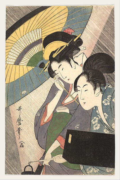 雨の夜の芸者と供の女