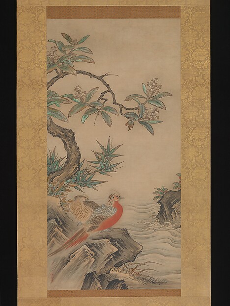木々の間の雉と四季の花