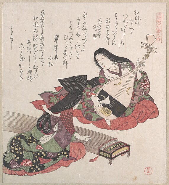 琵琶と琴を弾く二人の女