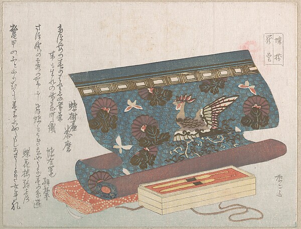 帯地の反物と鼈甲の髪飾り(春雨摺物帖より)