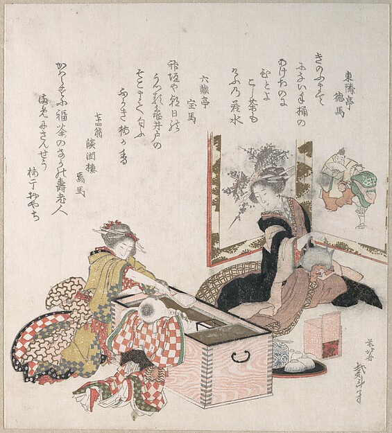 火鉢を囲んで茶を支度する女たち
