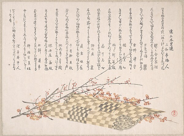 花咲く梅の枝と巻いた筵