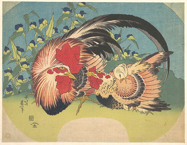 露草に雄鶏と雌鶏と雛