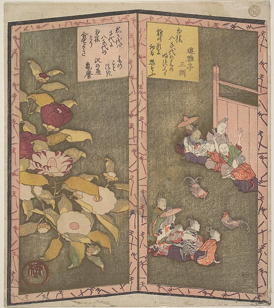 椿の花(左)、闘鶏を見る人々(右)