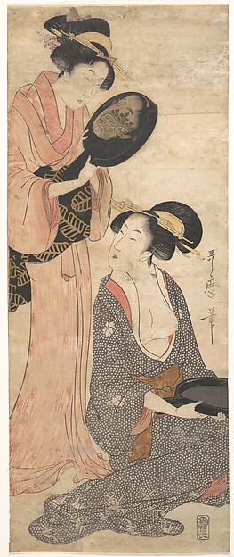 漆塗りの鏡を手にする二人の女