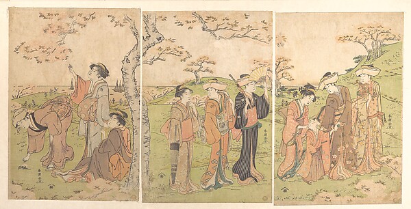 御殿山で花見をする女と子供たち