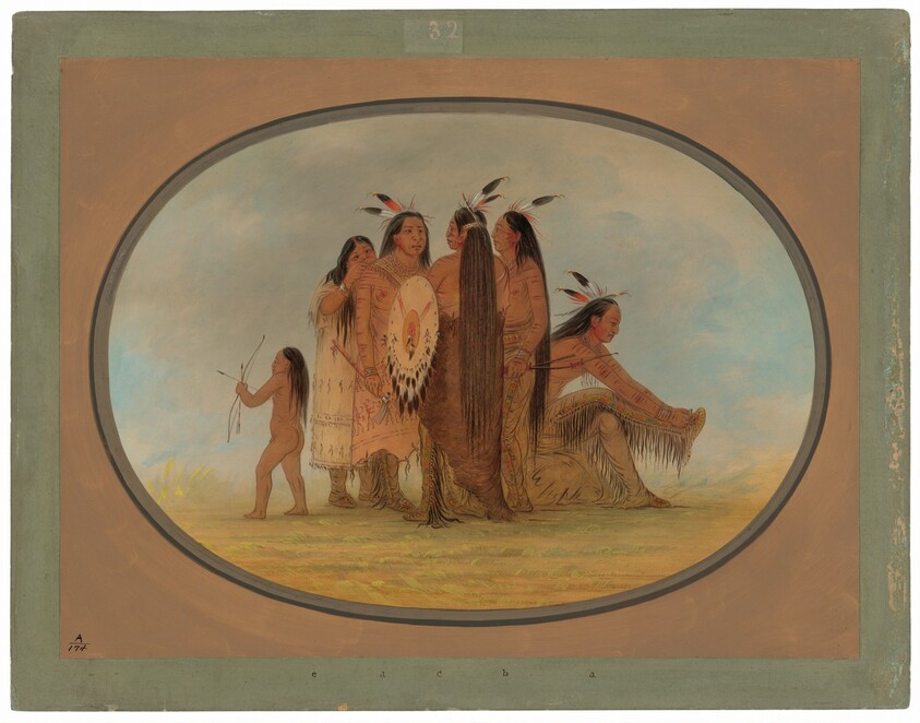Four Mandan Warriors, a Girl, and a Boy
