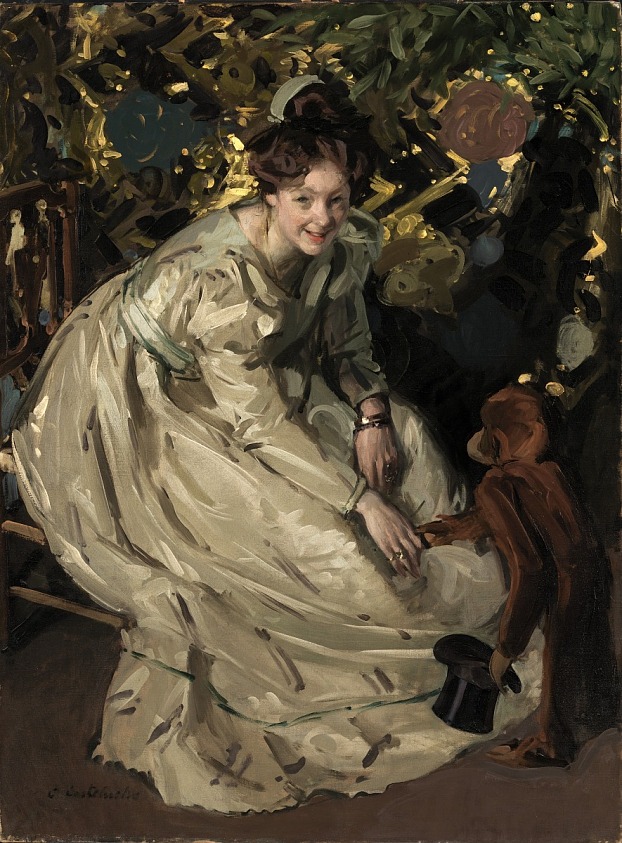 Woman in Arbor with Monkey