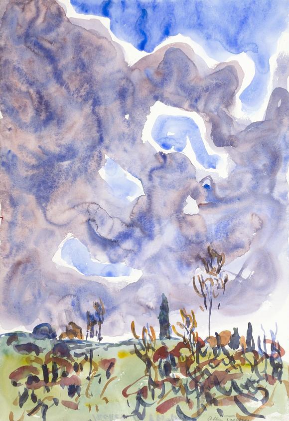水彩第三十一番、雲のある風景
