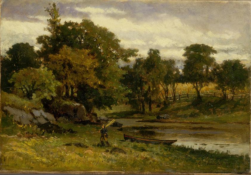Untitled (landscape, boat moored near stream, man walking in foreground)