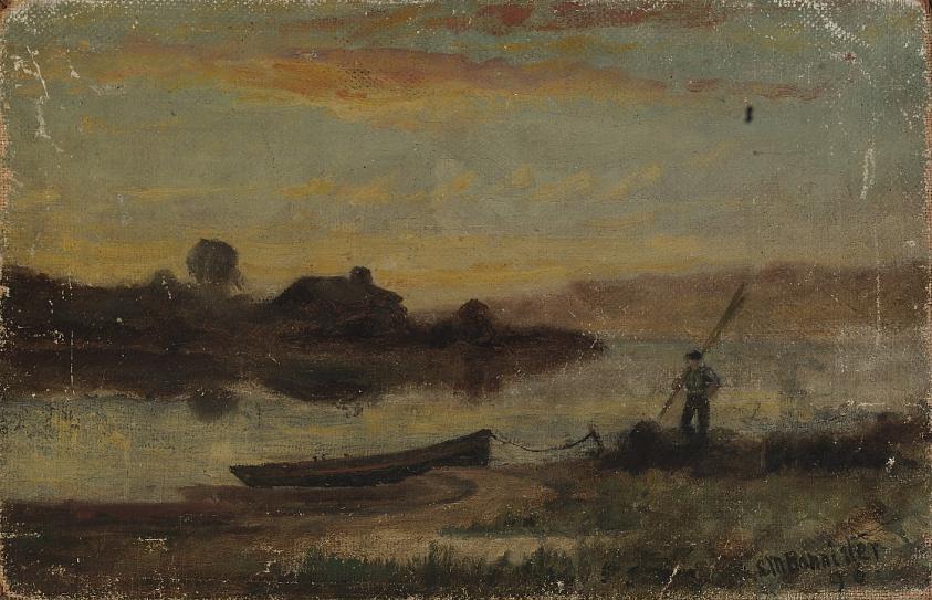 Untitled (landscape, boat moored near bank with man walking)