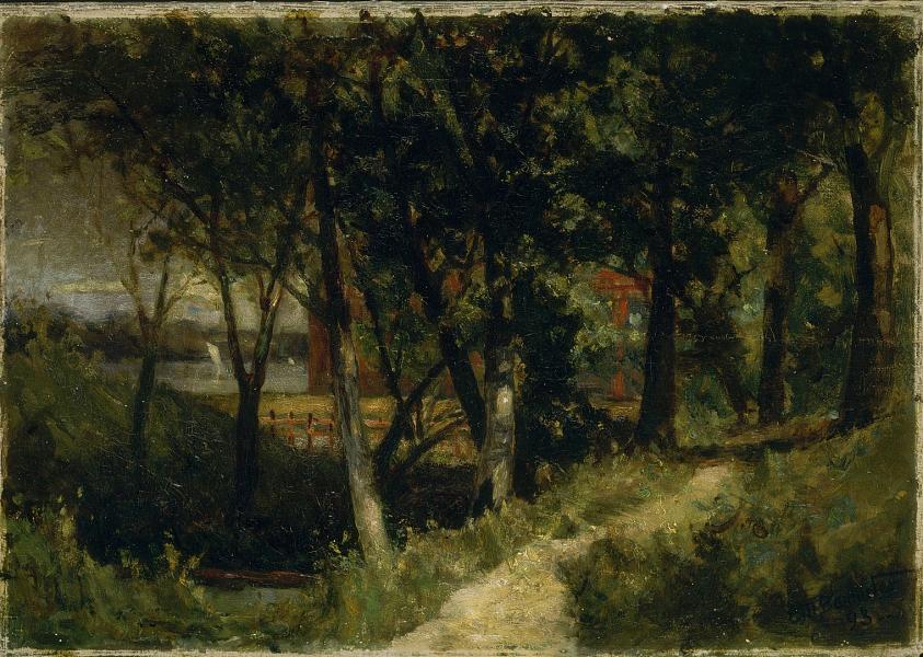 Untitled (landscape, forest scene with red fence and building)