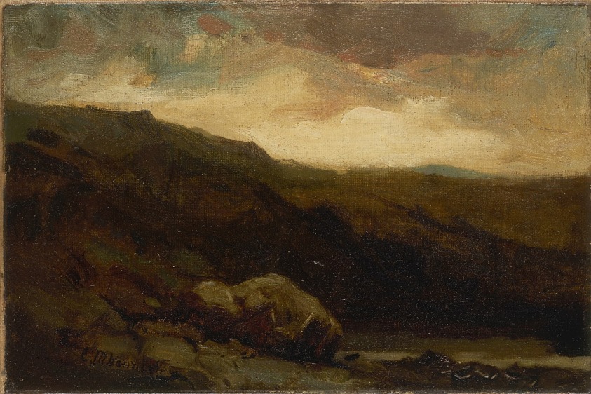 Untitled (mountainous landscape with rock and stream in foreground)