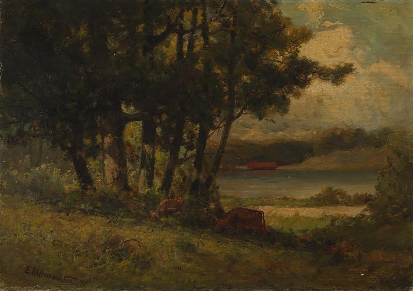 Untitled (landscape with cows grazing near river)