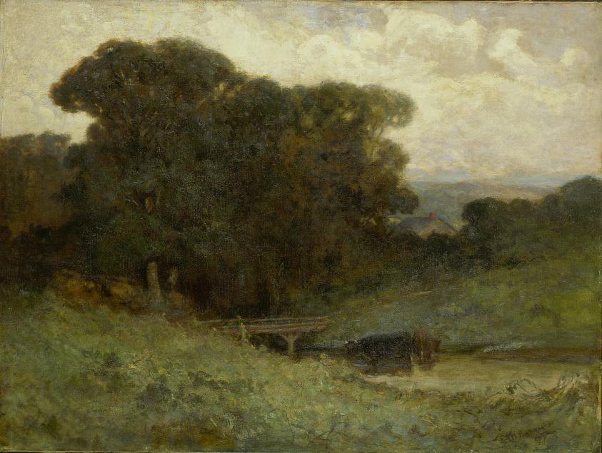 Untitled (forest scene with bridge, cows in stream in foreground)