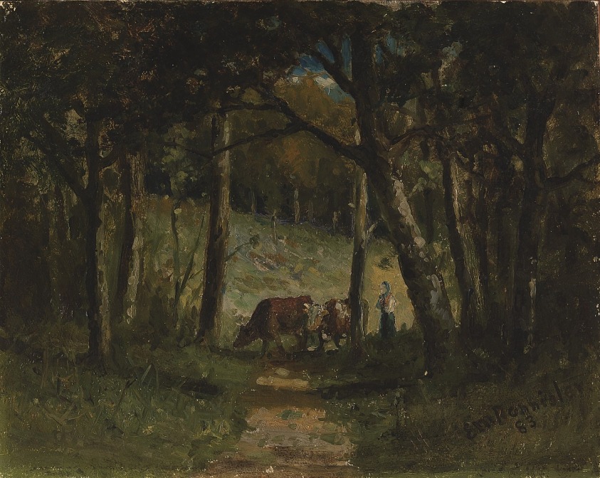Untitled (cows on path in forest)