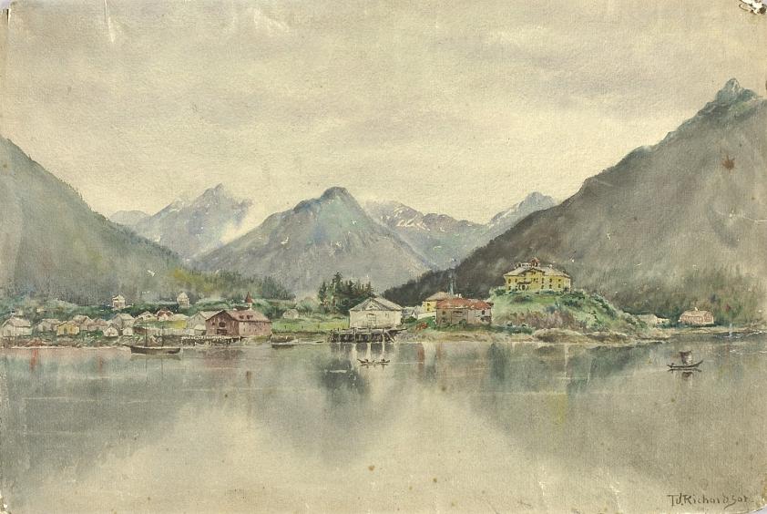 島から見たシトカ、ロシア城館を望む、1888年